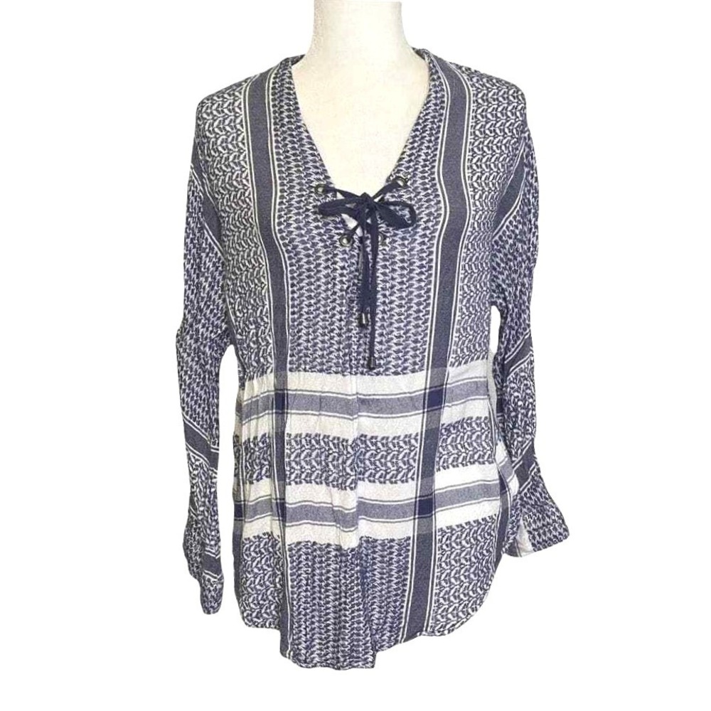 Rails Lace Up Tunic Top Womens Medium Mixed Print Boho Long‎ Sleeve Navy White